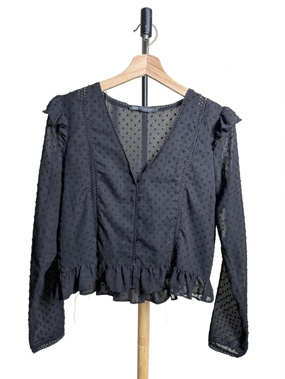 Zara Black Sheer Polka Dot Long Sleeve Blouse